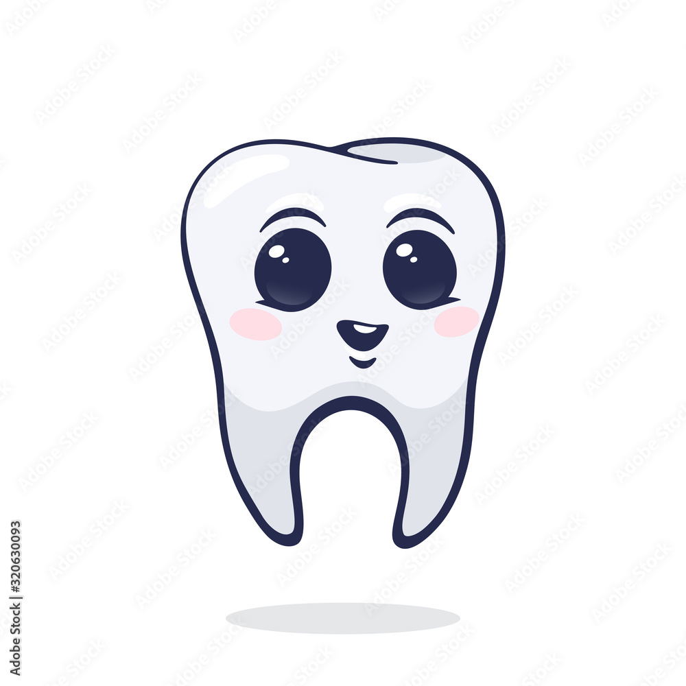 Vector illustration. Happy smiling healthy baby human tooth with eyes. Symbol of somatology and oral hygiene. Graphic design with contour for packaging, signboard. Isolated on white background Vector illustration. Happy smiling healthy baby human tooth with eyes. Symbol of somatology and oral hygiene. Graphic design with contour for packaging, signboard. Isolated on white background