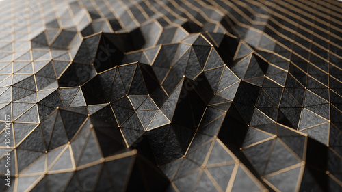 Abstract 3d illustration cg low polygonal Black surface. Geometric triangular lines. 3d render motion technology background. Triangle segments. Luxury backdrop. Gold neon wireframe lines photo