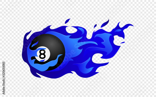 Flying black billiard eight ball in fire 