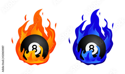 Flying black billiard eight ball in fire 