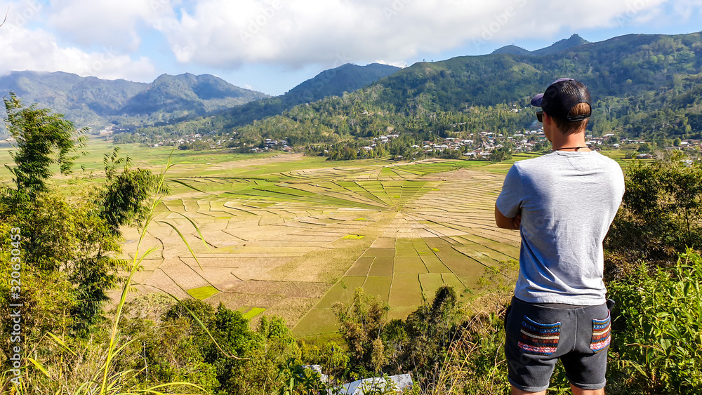 Naklejka premium A man admiring the colorful rice paddies forming a giant spider web in Ruteng, on island of Flores, Indonesia. There are mountains around the paddies. Rural area of Lingko Spider Web Rice Fields