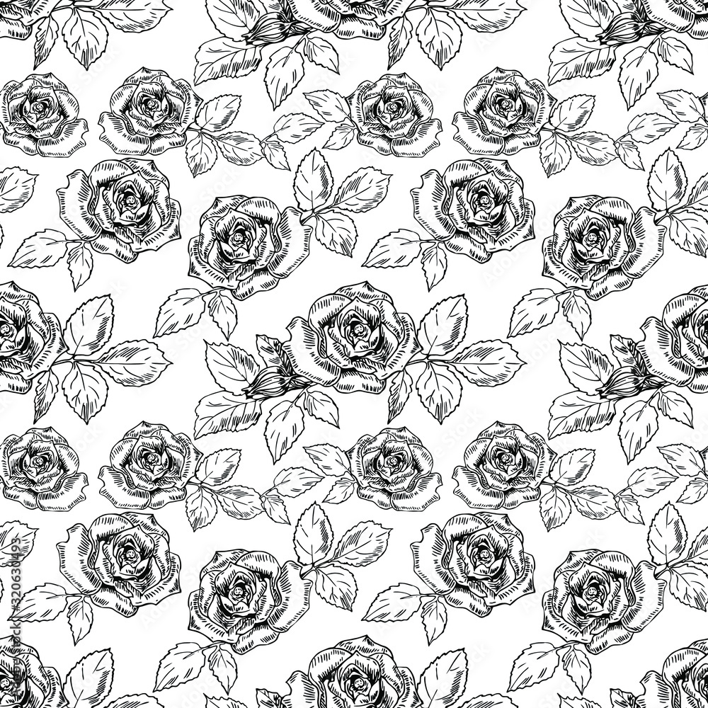 Roses with leaves in line art style. Seamless pattern.