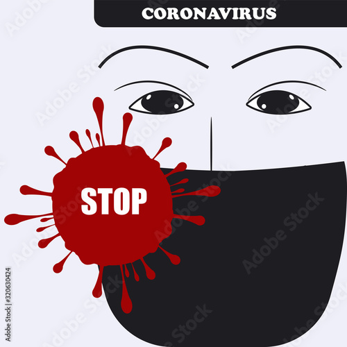 Stop Coronavirus. Image of masked man - red drop with splashes - isolated on white background - vector. Design element. Pandemic concept. Microbiology.