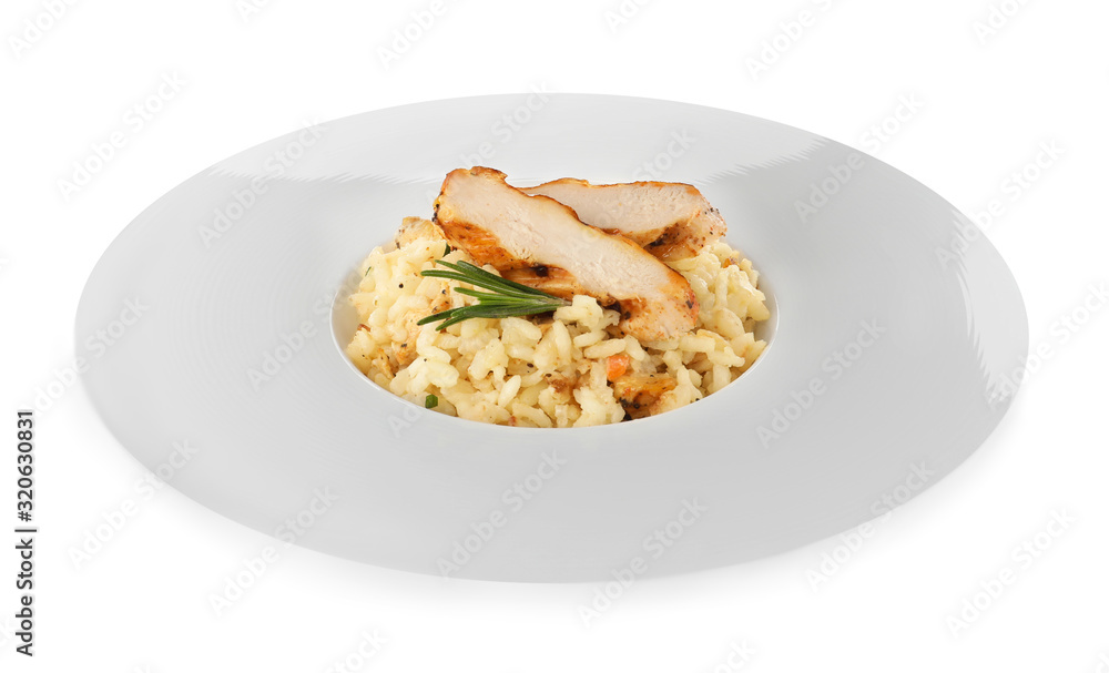Delicious chicken risotto with rosemary isolated on white
