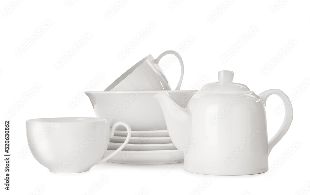 Set of clean tableware isolated on white
