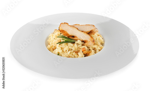 Delicious chicken risotto with rosemary isolated on white