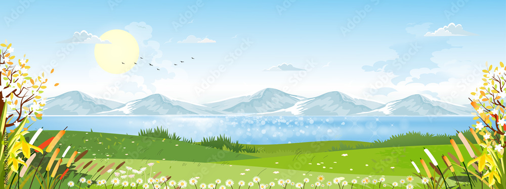 Cartoon vector Spring landscape with mountain, .blue sky and cloud, Panorama green fields on sunny day summer,Peaceful nature in springtime with grass land and wild flowers in countryside Uk