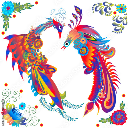 Flowers and birds in Ukrainian painting style. Vector isolated on white background..