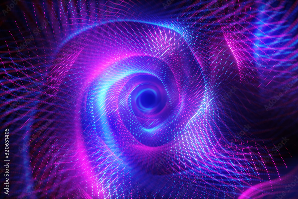Abstract technological flight in digital space. Bright neon dots forming a data transmission tunnel. Modern ultraviolet blue purple light spectrum. 3d illustration - obrazy, fototapety, plakaty 