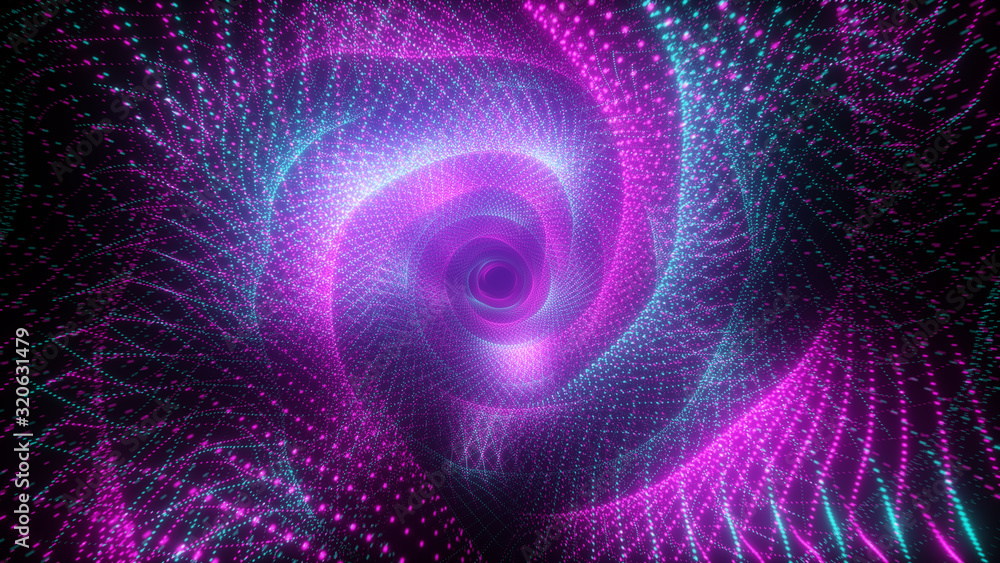 Abstract technological flight in digital space. Bright neon dots forming a data transmission tunnel. Modern ultraviolet blue purple light spectrum. 3d illustration Abstract technological flight in digital space. Bright neon dots forming a data transmission tunnel. Modern ultraviolet blue purple light spectrum. 3d illustration