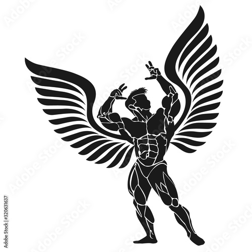 Bodybuilder with wings, fitness and bodybuilding theme, vector 