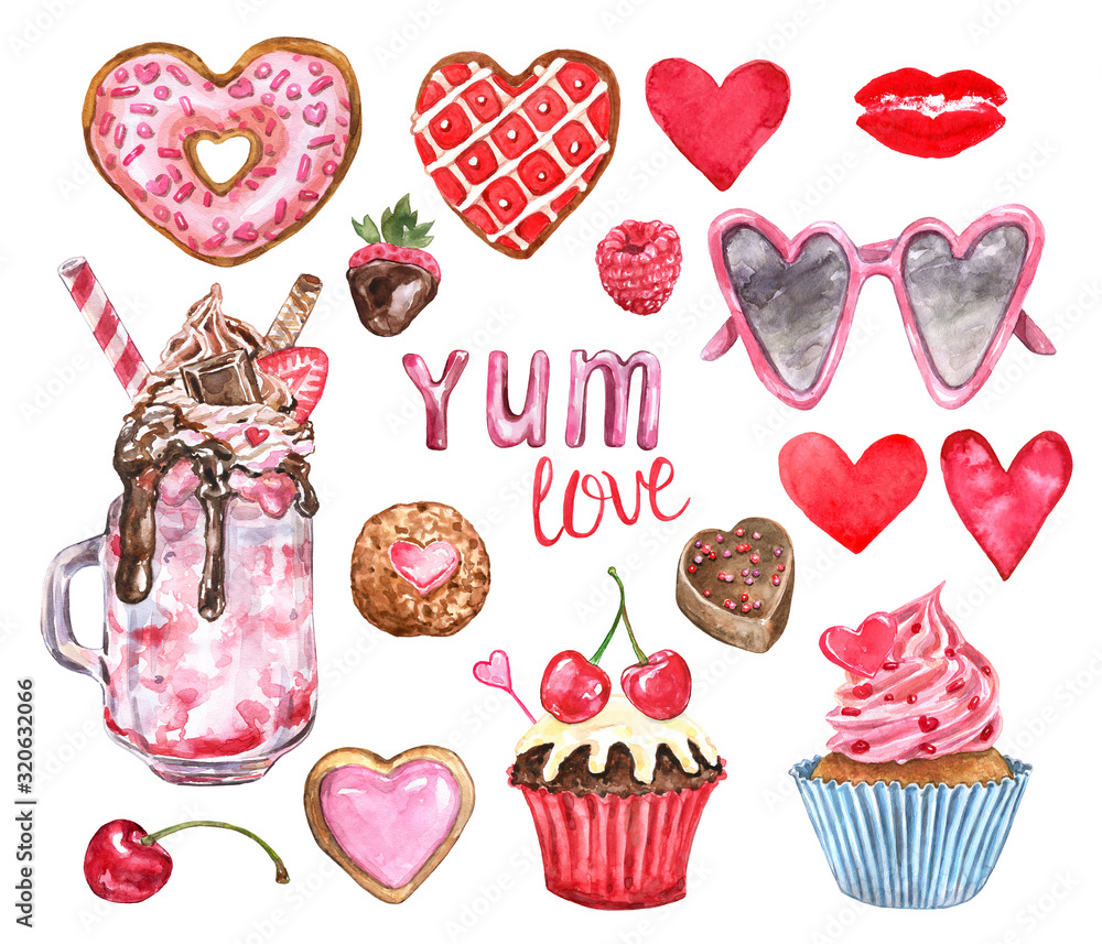 Φωτογραφία Watercolor heart and pink color desserts and hearts