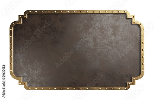 Empty metal plate with brass border, isolated on a white background. Steampunk style. Clipping path included. photo