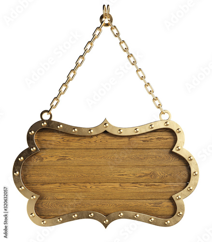 Fototapeta Naklejka Na Ścianę i Meble -  Medieval wooden signboard or shield hanging on chains. Isolated, clipping path included.