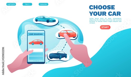 Urban transport landing page concept, carsharing service, rent vehicle by smartphone, businessman order ride, rental service template, mobile app, flat vector ui design, turquoise, red color