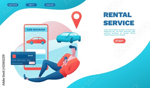 Rental service landing page, car share, businessman order ride, Carsharing service template, mobile app, transport sharing concept, flat vector, turquoise, red color, ui design