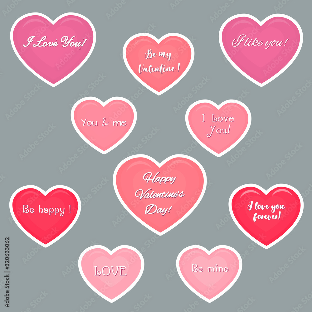 Vector set of ten pink hearts stickers in white stroke stickers with text about love. Valentine s day or wedding for your design. Flat style
