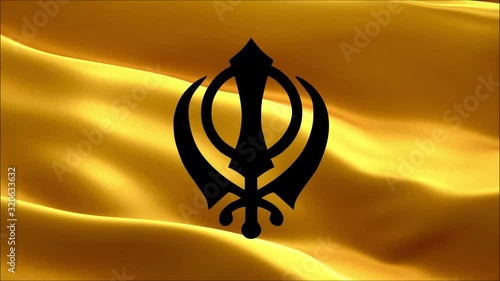 The main symbol of Sikhism is The Khanda sign on the background of an orange waving flag, video, 4K