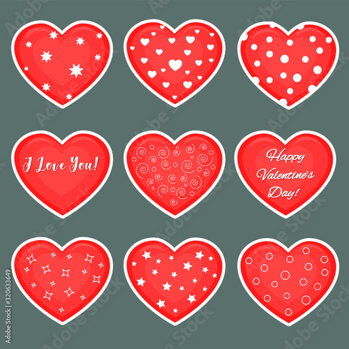 Vector set of nine red hearts stickers in white stroke with text about love and patterns isolated on a dark background. Valentine s day or wedding for your design. Flat style