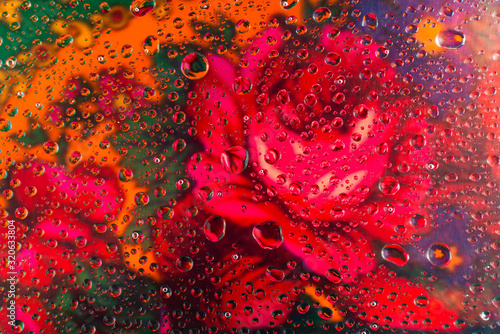 abstract red rose background with water drops in the foreground