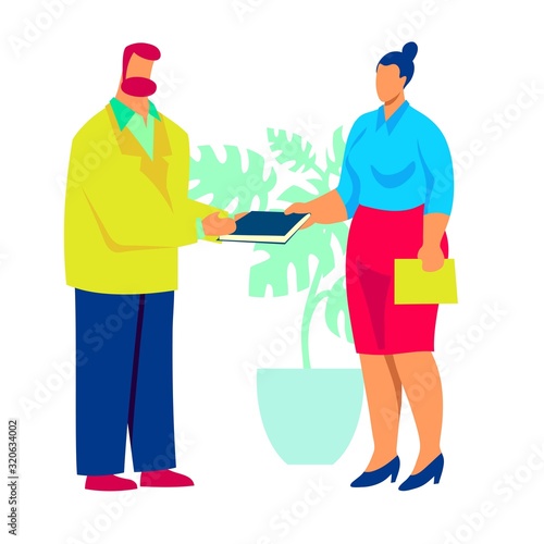 men and women attend a business meeting. flat illustration