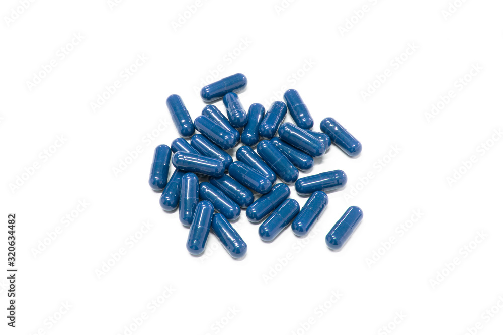 Cápsulas de medicamentos azul isolada Cápsulas de medicamentos azul isolada