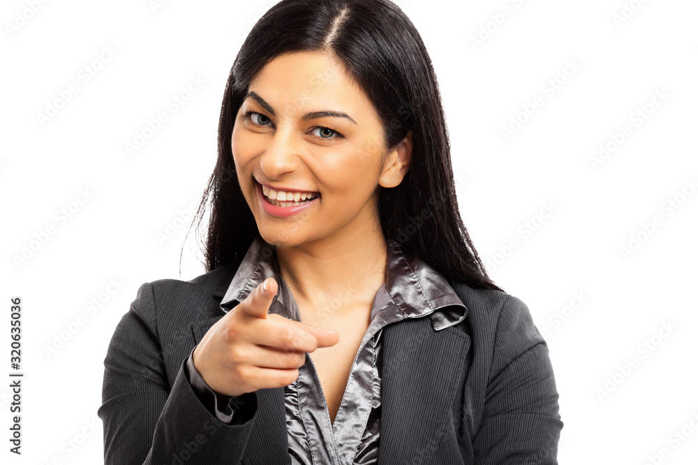 Business woman point finger at you looking at camera. Hiring concept Business woman point finger at you looking at camera. Hiring concept