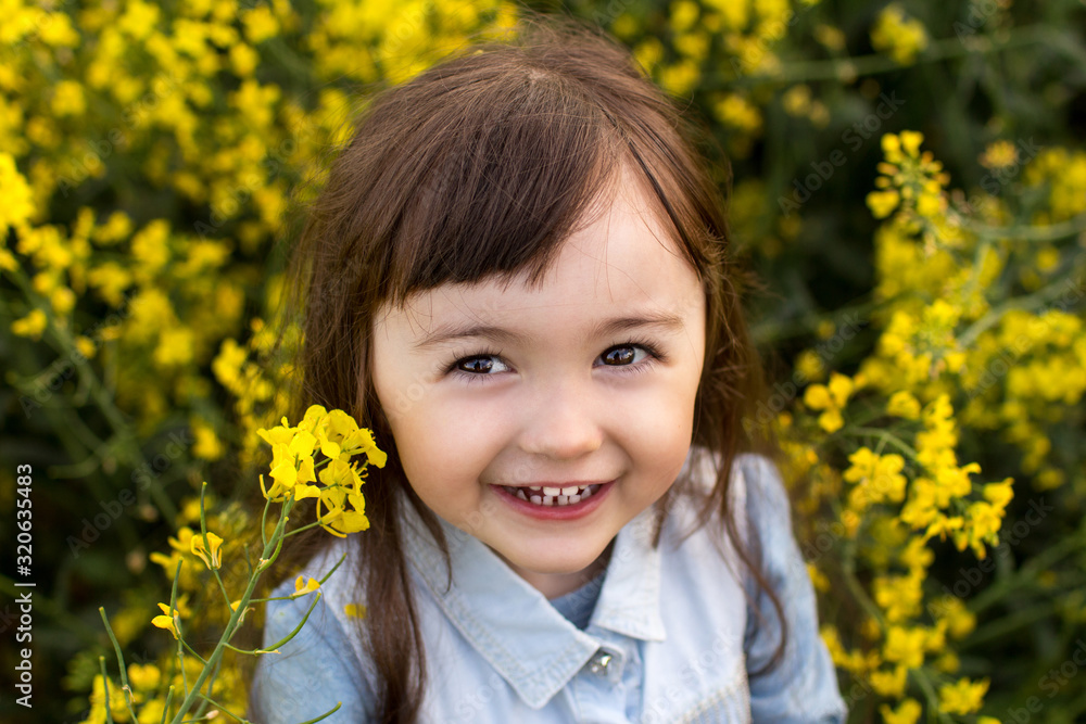 a little girl in a field of flowering yellow rapeseed. rapeseed field. girl with yellow flowers a little girl in a field of flowering yellow rapeseed. rapeseed field. girl with yellow flowers