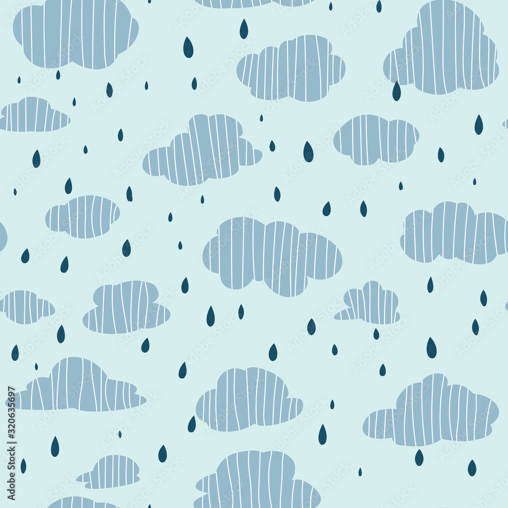 Seamless pattern with cute clouds and raindrops. Creative scandinavian kids texture for wrapping paper, fabric, textile. Seamless pattern with cute clouds and raindrops. Creative scandinavian kids texture for wrapping paper, fabric, textile.