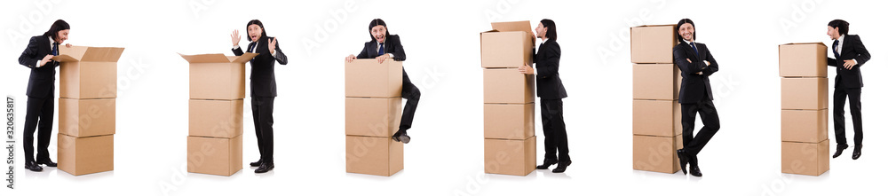 Funny man with boxes on white Funny man with boxes on white