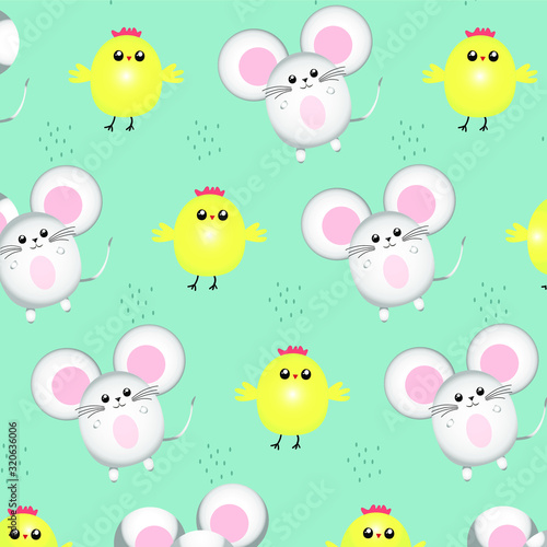 Fun children s pattern with chicken and mouse. Happy easter. Vector illustration.