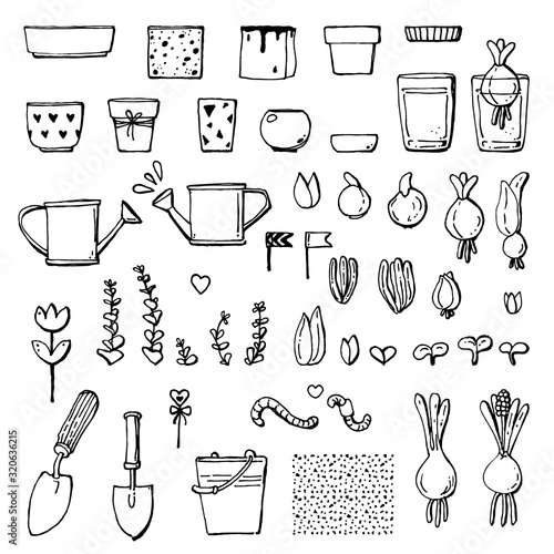Spring pot bulb plant earth dig planting line vector set isolated