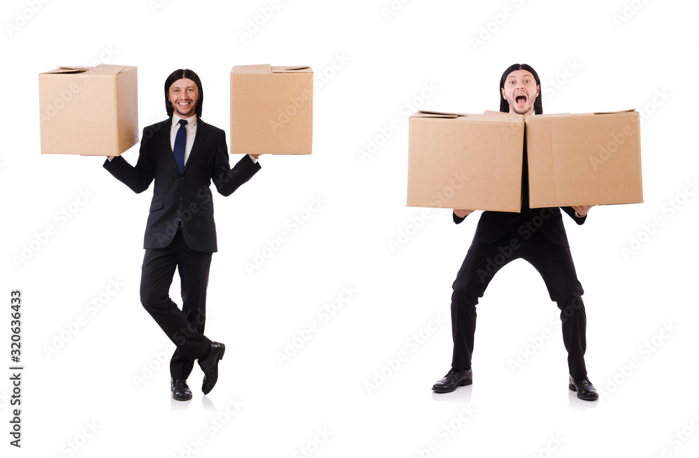 Funny man with boxes on white Funny man with boxes on white