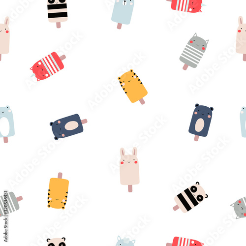 Seamless pattern with animals ice cream. Kids cute print. Vector hand drawn illustration.