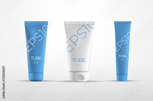 Vector template of white and blue color plastic tubes for body care cream.
