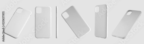 Fotografie Mockup of white plastic cases for mobile phones, a set of 6 containers in different positions