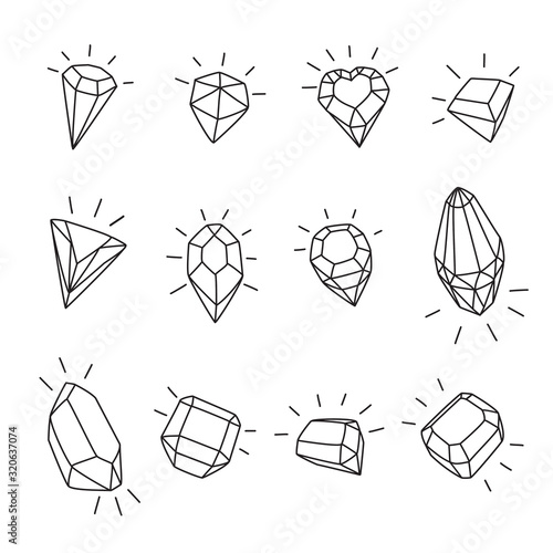 Set of 12 cartoon gems icons.Black and white vector illustration isolated for coloring and design.