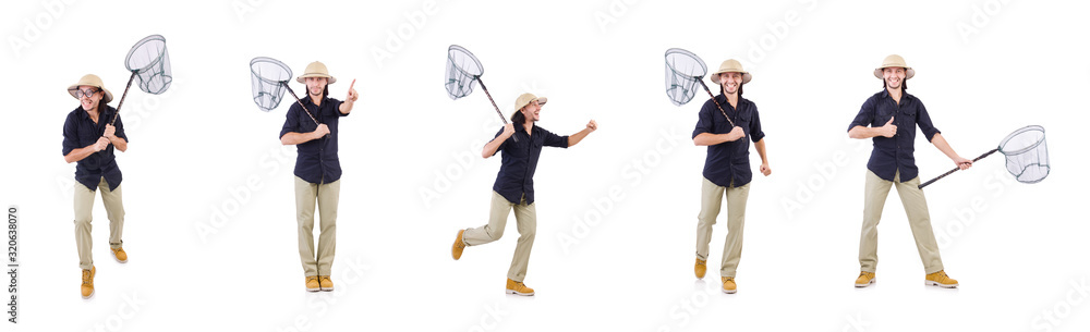Funny guy with catching net on white Funny guy with catching net on white