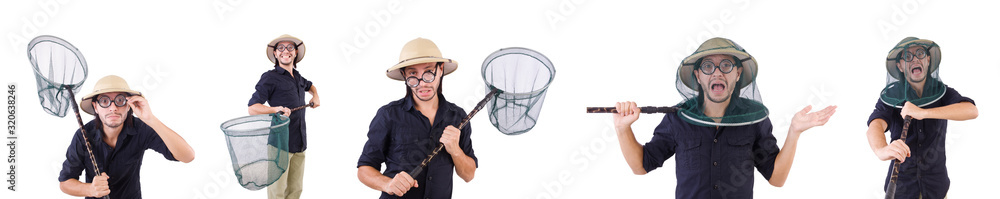 Funny guy with catching net on white Funny guy with catching net on white