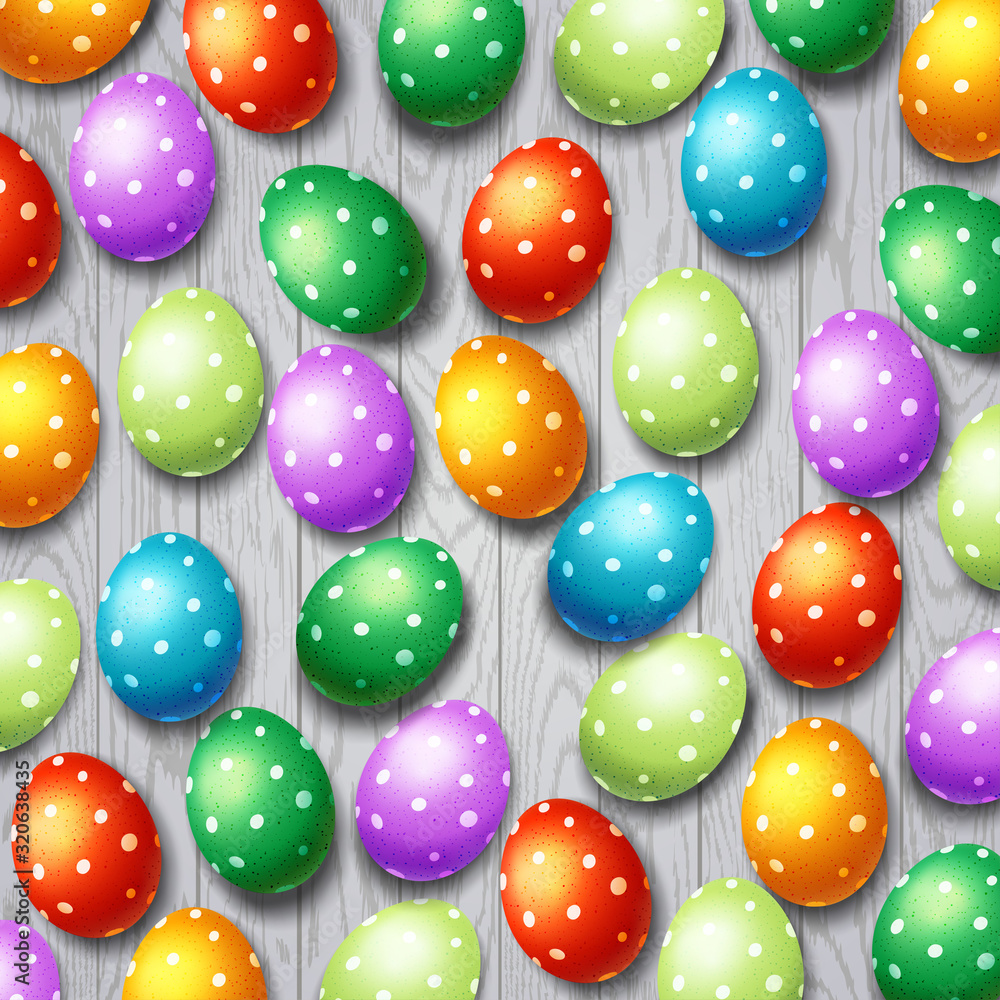 Trendy poster with colorful eggs. Happy Easter. Decorated yellow, red, blue, green and purple eggs background