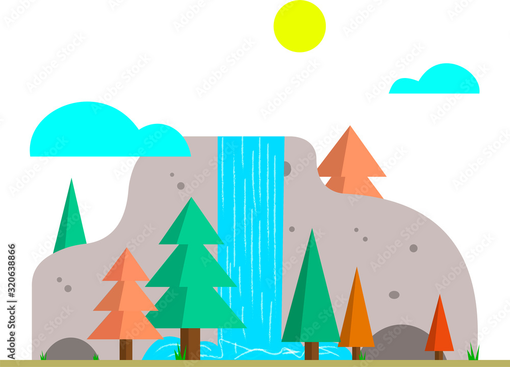 Trees Near The Mountains Waterfall Stones. the sun is shining clouds Trees Near The Mountains Waterfall Stones. the sun is shining clouds