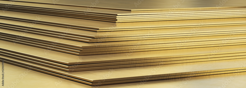 Brass sheets. Rolled metal product, close-up. 3d illustration. Brass sheets. Rolled metal product, close-up. 3d illustration.