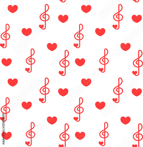 Seamless patter with love music - notes with hearts. Do, re, mi, fa, sol, la, si, clef - sign of music.