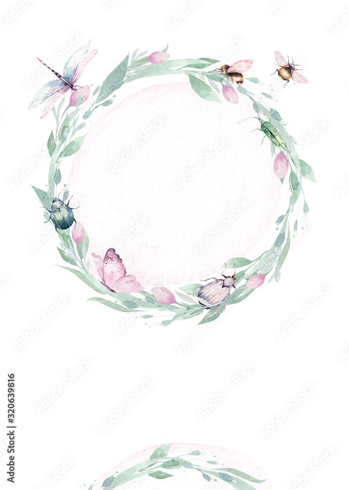 Watercolor colorful butterflies wreath, isolated butterfly on white background. blue, yellow, pink and red butterfly spring illustration.