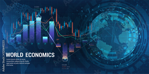 3D Earth Globe with graphics and charts. World business and economics concept. Stock market, forex and world investment, Financial investment and economic trends. Vector illustration