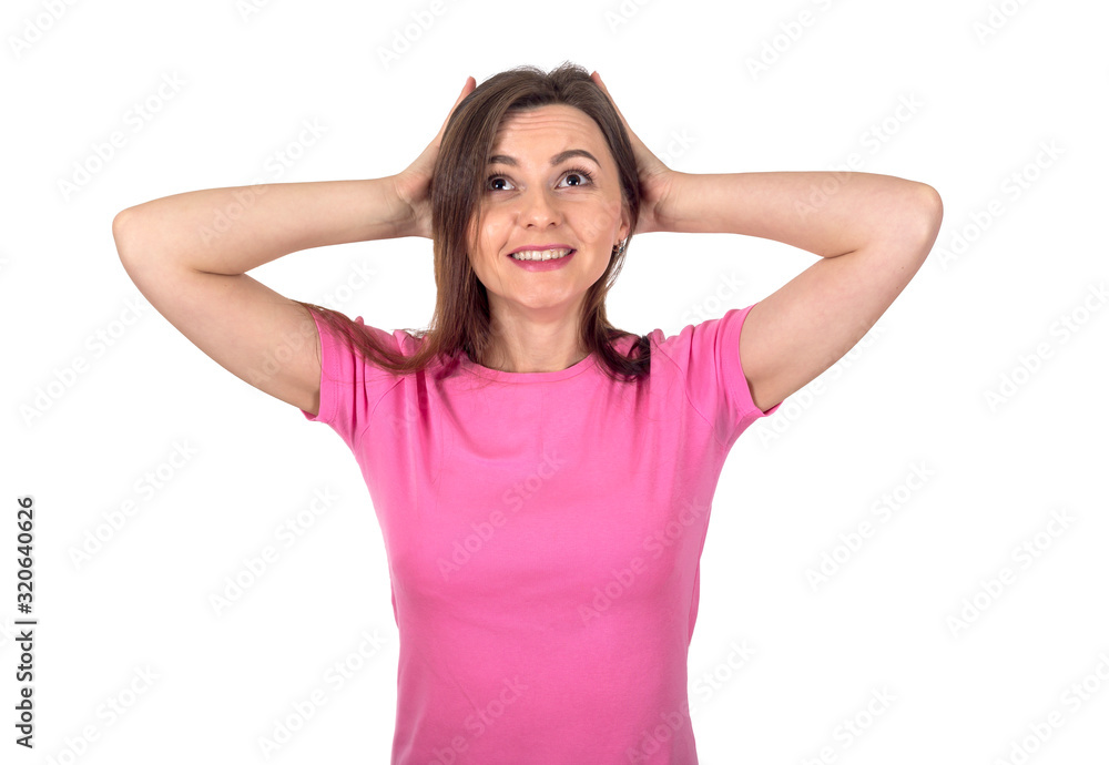 Happy woman holds her hands behind her head dreaming of something, isolated on a white background. Happy woman holds her hands behind her head dreaming of something, isolated on a white background.