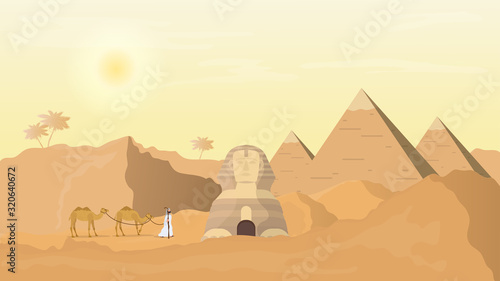 Egyptian Sphinx and Pyramids. Desert. A man leads camels through the desert. Vector illustration.