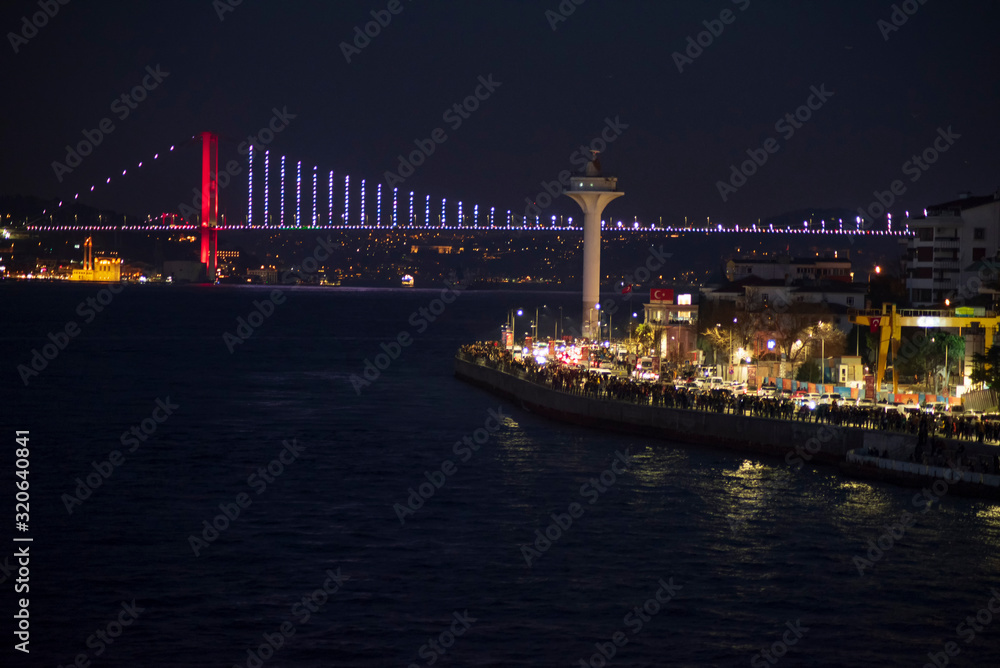 Bosphorus bridge in the night with the lights on, Istanbul