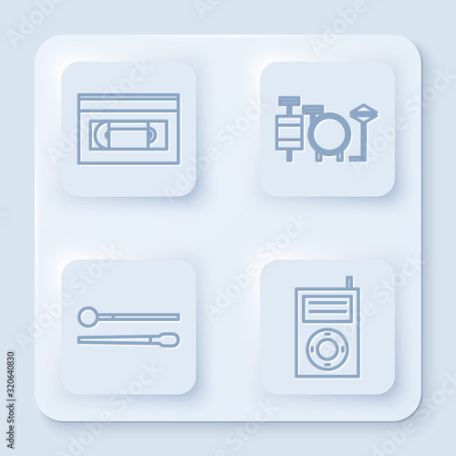 Set line VHS video cassette tape, Drums, Drum sticks and Music MP3 player. White square button. Vector
