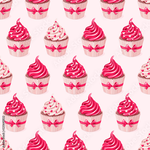 Valentine holiday card. Cupcakes with red cream and hearts.  Seamless pattern. Texture for fabric, wrapping, wallpaper. Decorative print.